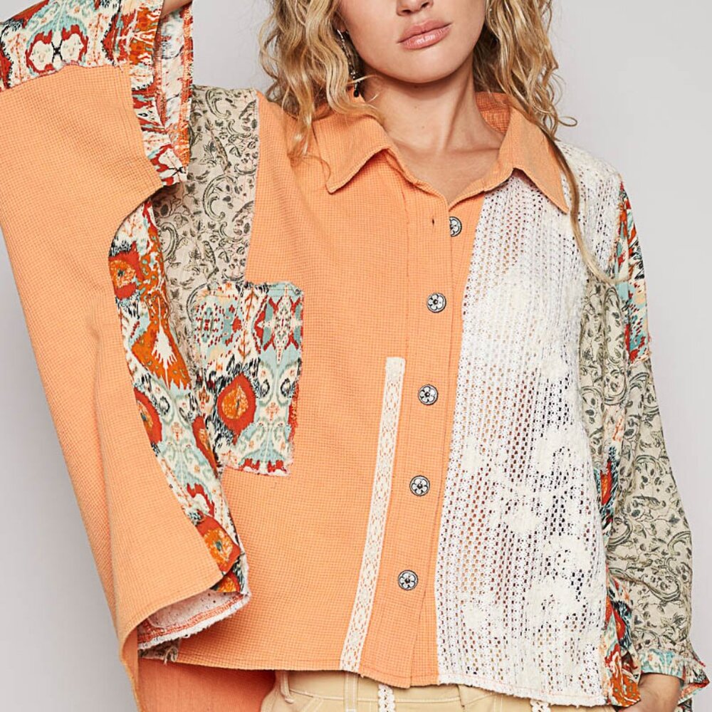 PTS6 POL Oversized fit top in thermal and crochet lace mix with patch detail